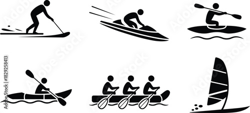 A collection of black silhouette icons showcasing diverse exhilarating water sports like paddleboarding, jet skiing, and rafting