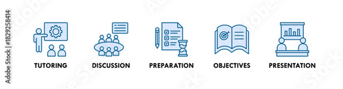 Teaching banner web icon illustration concept with icon of tutoring, discussion, preparation, objectives, and presentation