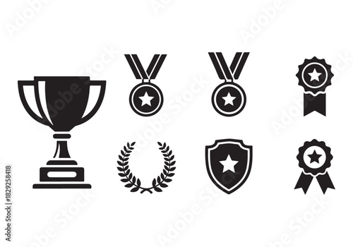 Set of winning award and prize icons, trophy reward, victory trophy signs
