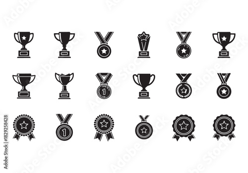 Set of winning award and prize icons, trophy reward, victory trophy signs