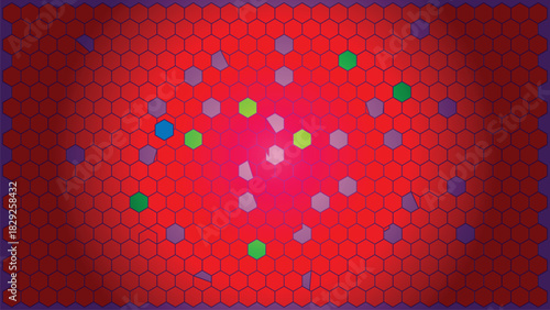 Abstract honeycomb structure background with red glowing center surrounded by red hexagonal pattern with green, blue, gray cells on gradient design