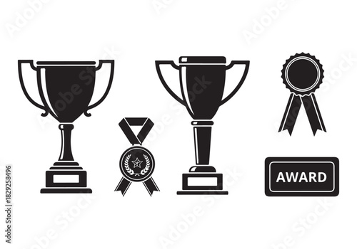 Set of winning award and prize icons, trophy reward, victory trophy signs
