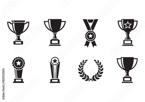 Set of winning award and prize icons, trophy reward, victory trophy signs