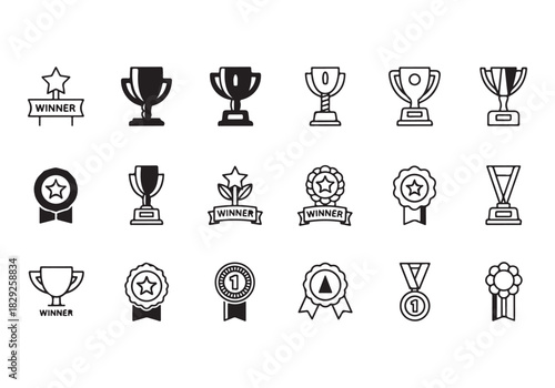 Set of winning award and prize icons, trophy reward, victory trophy signs