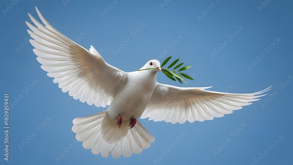 Fototapeta premium Majestic White Dove Soaring with Olive Branch Against Clear Blue Sky, Symbolizing Enduring Peace and Hope