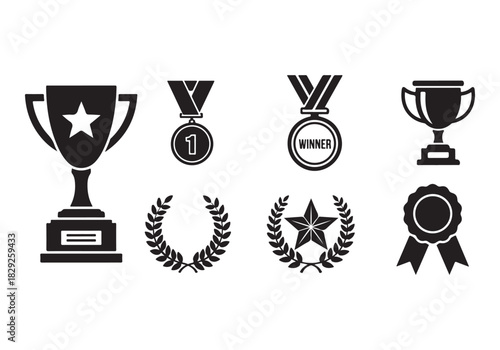 Set of winning award and prize icons, trophy reward, victory trophy signs