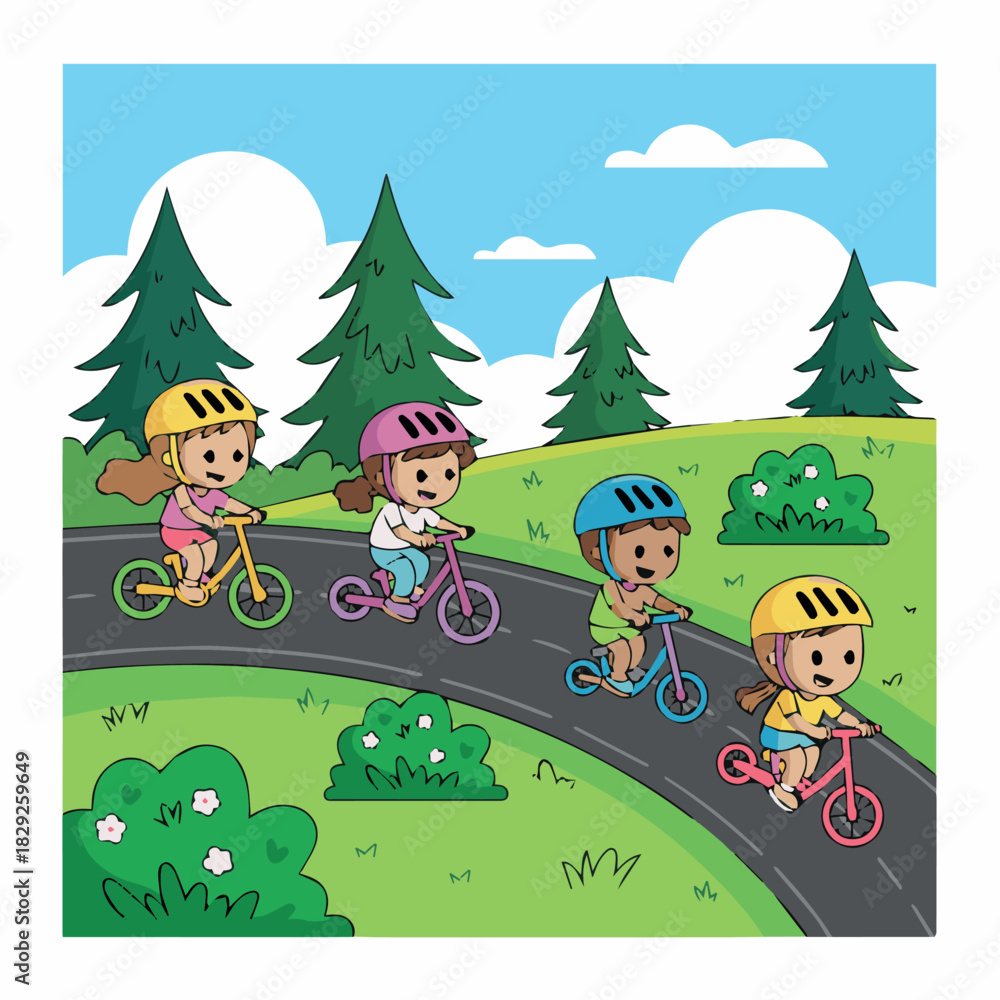 Obraz premium Children riding bikes illustration for kids activity books and educational resources for learning fun outdoors