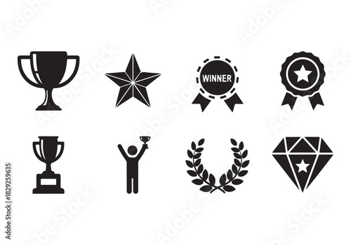 Set of winning award and prize icons, trophy reward, victory trophy signs