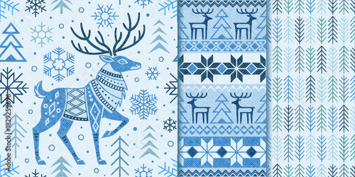 Set Christmas and New Year seamless pattern with deer and trees. Geometric winter ornament in Scandinavian minimalist style.