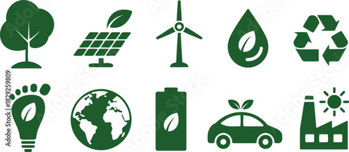 A complete set of ten green eco friendly sustainable energy icons on a pure white canvas