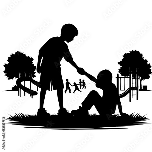 Black and White Vector Boy Helping Another Up From the Ground