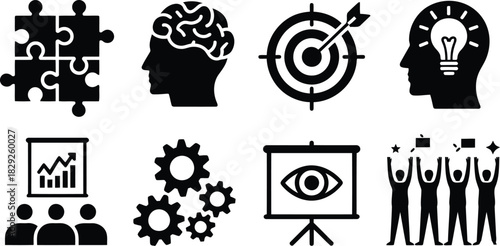 A comprehensive collection of black silhouette icons representing business concepts like problem solving, ideas, and team success