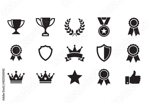 Set of winning award and prize icons, trophy reward, victory trophy signs