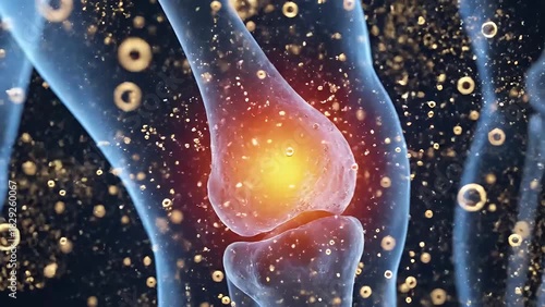 Medical illustration of a human knee joint glowing with pain
