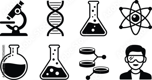 A comprehensive set of black science icons for laboratory work, including biology and chemistry elements