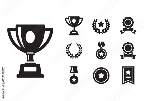 Set of winning award and prize icons, trophy reward, victory trophy signs
