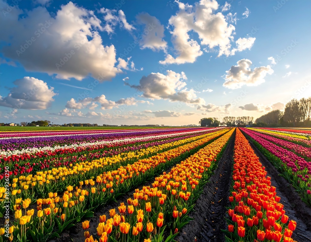 Fototapeta premium Vibrant tulip fields, arranged in colorful rows, stretch to the horizon under a bright, partly cloudy sky