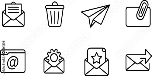 Set of Email and Communication Line Icons; Message, Send, Attachment, Trash, Settings Vector Symbols