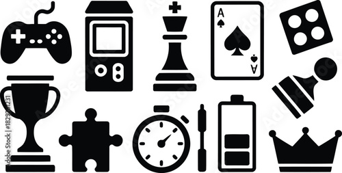 A comprehensive group of gaming and hobby related black silhouette icons