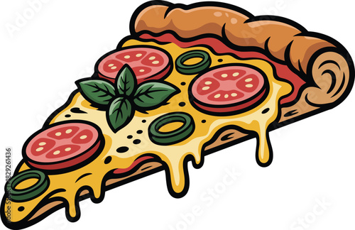 A delightful cartoon pizza slice featuring juicy tomato slices, melted cheese, and fresh green basil