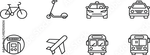 Set of Urban Transportation Line Icons; Taxi, Bicycle, Scooter, Subway, Bus, Airplane Vector Travel