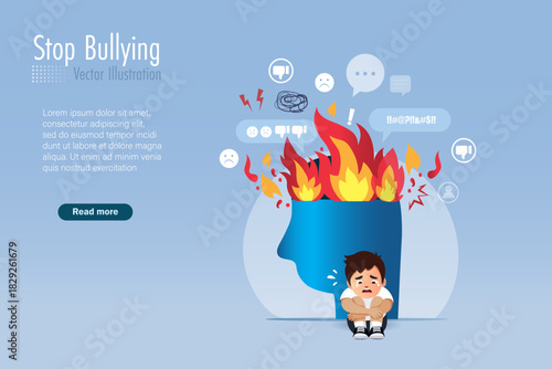 Child bullying concept. Boy crying with burning flame from hate speech bullying from negative online social media and criticism. Vector.