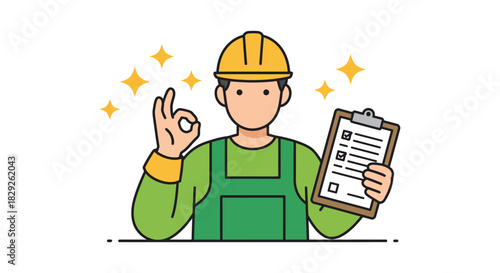 Construction worker with clipboard giving ok sign indicating approval on a job site for advertising safety compliance and quality control.