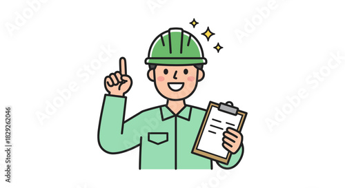 construction worker with clipboard pointing up inspecting for safety compliance for industrial training materials illustration inspection checklist