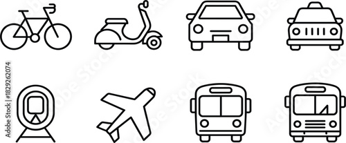 Set of Transportation and Vehicle Line Icons; Car, Bus, Train, Scooter, Bicycle, Airplane Vector Travel