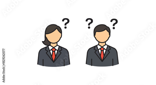 Confused professionals with question marks contemplating business strategy facing ambiguity in a white space background ideal for problem-solving content.