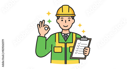 Construction worker with checklist giving okay sign confirming project success suitable for safety training materials and quality control assurance.