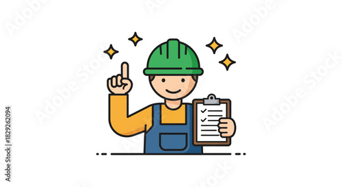 Construction worker with checklist for quality control wearing hardhat inspecting work on site promoting safety regulations and building standards