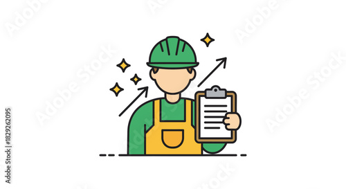 construction worker progress report a tradesman holding a clipboard next to rising arrows and stars showing job success for engineering blog posts