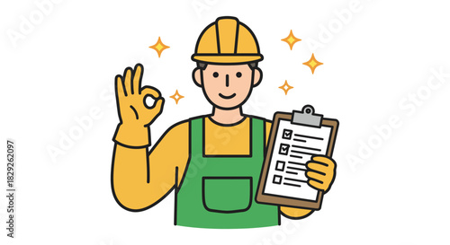 Construction worker with clipboard confirming completed checklist items wearing safety gear isolated against a clean background perfect for project management.