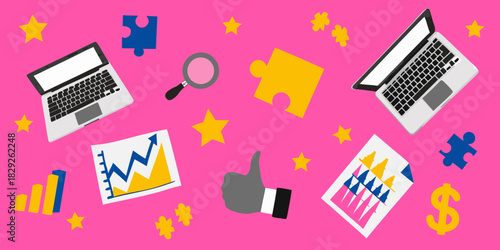 Business strategy and success concept with laptop charts and puzzle pieces