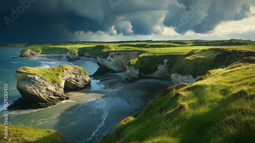 Dramatic coastal landscape showcases a rugged coastline with dramatic cliffs and a serene beach.
