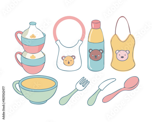 Illustrations set with tableware for babies. Bottles, bib, non-spill, dish, spoon. Mealtime, baby feeding. Cute unisex design. Hand drawn vector illustration. Childhood, motherhood, baby store.

