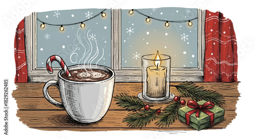 Cozy Christmas hot chocolate with candy cane and gift.