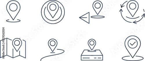 Set of Location, Map, and Navigation Line Icons; Pin, Pointer, GPS, Tracking, Route Vector Symbols