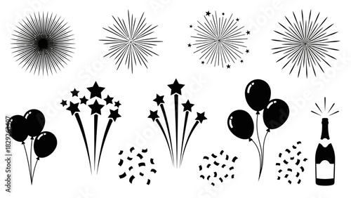 Black and white illustration of fireworks, balloons, stars, confetti, and a champagne bottle.