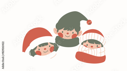 A charming illustration of three children's faces dressed in festive Christmas hats and winter scarves.
