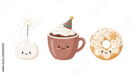 Cute illustration featuring a marshmallow with a sparkler, a hot chocolate, and a donut.