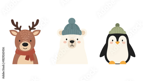 Cute cartoon illustrations of a reindeer, polar bear, and penguin wearing winter hats.
