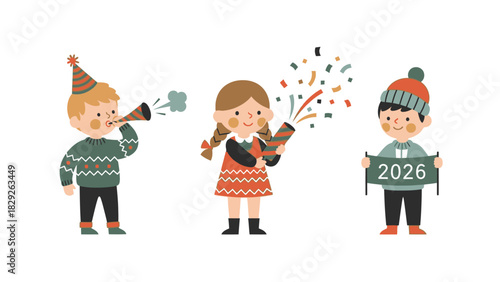 Three children celebrating New Year's Eve with party favors and a 2026 sign.