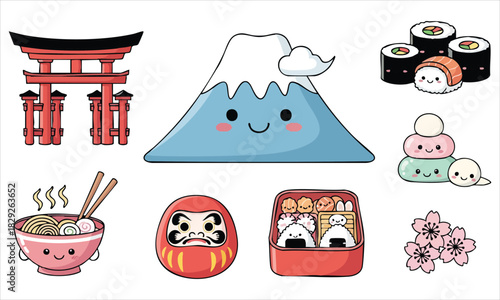 Kawaii Japanese culture icons set with Mount Fuji sushi ramen