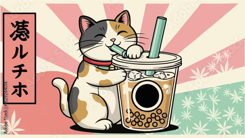 Delightful calico cat happily enjoying a bubble tea, depicted in a charming Japanese retro style with a sunburst and leaf motif background, featuring vertical Japanese text.