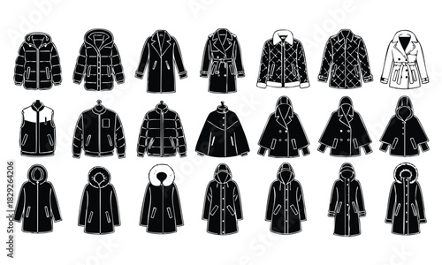 Set of diverse autumn and winter coats and jackets vector icons