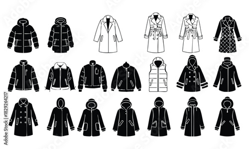 Collection of various outerwear coats and jackets icons set for fashion