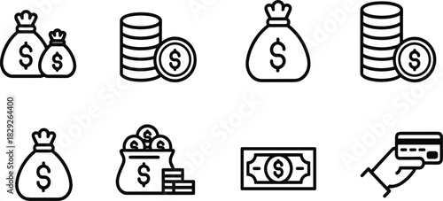 Set of Money, Finance, and Currency Line Icons; Coins, Banknote, Bag, Wealth, Payment Vector Symbols
