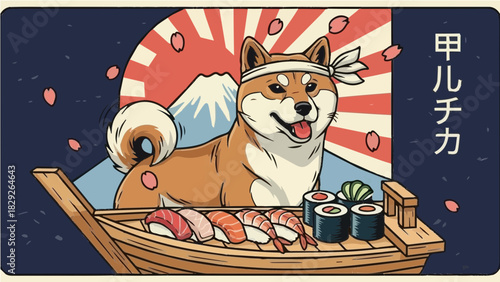 Adorable Shiba Inu dog wearing a Japanese headband, happily posing with a sushi boat featuring various sushi and rolls, set against a background of Mount Fuji and the rising sun.